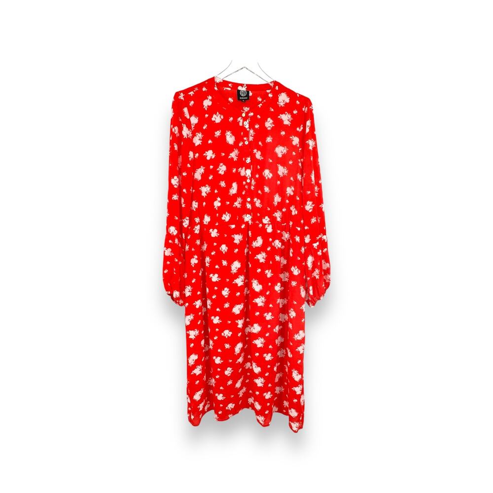 Bobeau dress XL floral long bishop sleeves chiffon lined knee length shift red